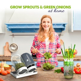 Premium Seed Sprouting Kit & Green Onion Regrower – 2 Wide-Mouth Mason Jars with Sprout Lids, Stainless Stand, Drain Tray, Blackout Sleeves & Cleaning Brush for Broccoli, Alfalfa & Mung Beans