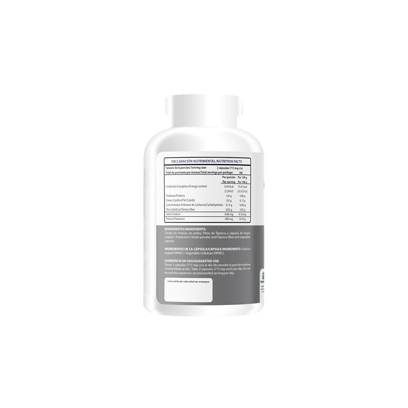 Wellthy Citrato de Potasio 360 Cápsulas 400mg. 180 Porciones por