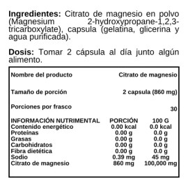 Citrato De Magnesio - 60 Cápsulas - Suplemento Alimenticio Sabor Sin sabor                                                                            