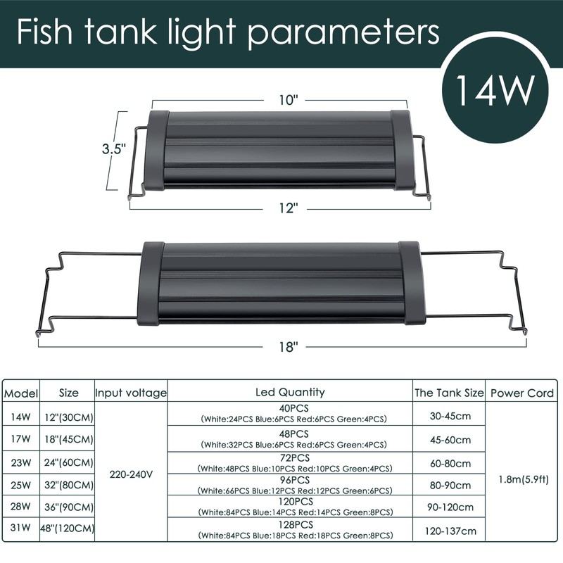 AQQA Aquarium Light,Full Spectrum LED Fish Tank Lights,12"-54" Adjustable Multi-Color