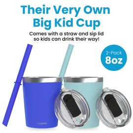 CUPKIN Sippy Cup for 1 Year Old, The Original Stackable 8 oz Stainless Steel Tumbler, Set of 2 Powder Coated Insulated Straw Cup + BPA Free Lids + Food Grade Reusable Silicone Straws (Cobalt + Mint)