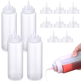 Singhoow 16 Pcs 32 oz Condiment Squeeze Bottle Set: 4 Bottles Body with 12 Replacement Caps, Large Clear Plastic Wide-mouth Bottles for Sauces Ketchup Condiments Kitchen Restaurant Catering
