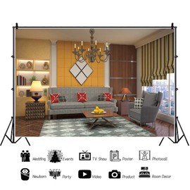 OERJU 10x7ft Living Room Photography Backdrop Vintage Room Interior Photo Background French Sash Window Business Office Backdrop Retro Chandeliers Kids Adult Portrait Photos Studio Props