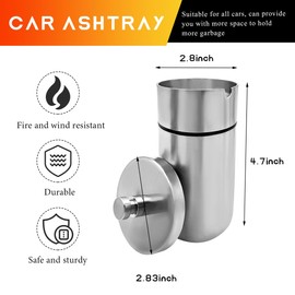 DXNQ Car Ashtray with Lid, Windproof Smokeless Stainless Steel Ash Tray Butt Bucket, Detachable Self Extinguished Ashtray for Car Cup Holder Home Office Travel, Car Accessories (Silver)
