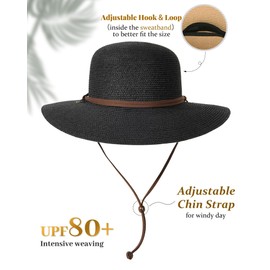 FURTALK Womens Wide Brim Sun Hat with Wind Lanyard UPF Summer Straw Sun Hats for Women Black