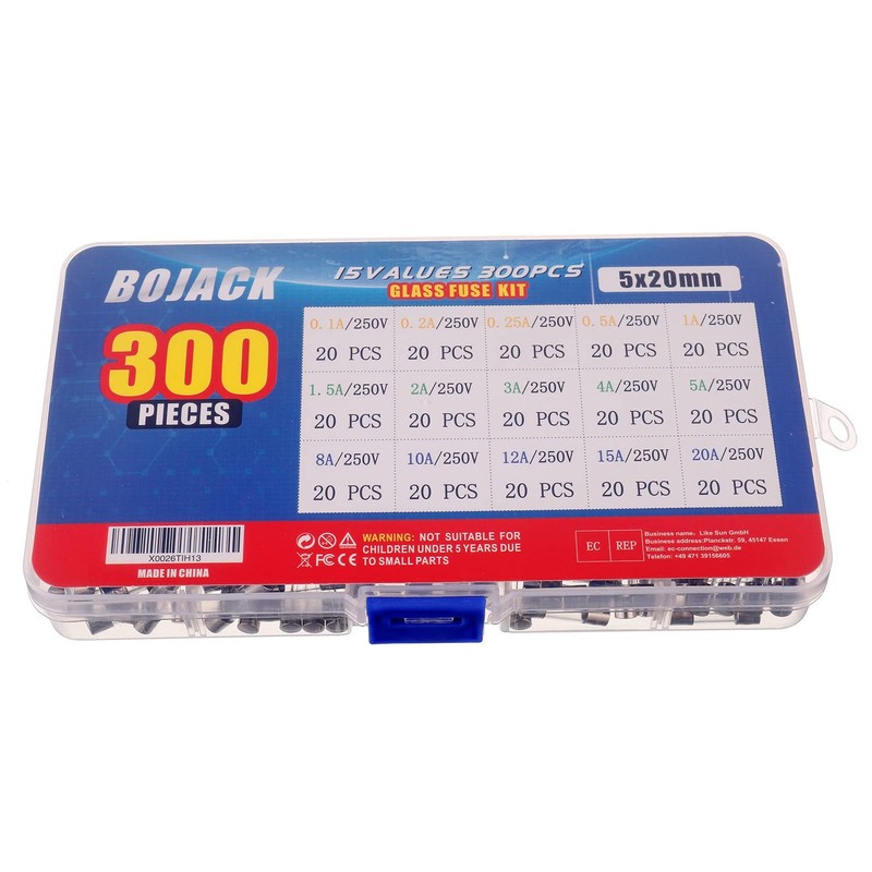 BOJACK 15 Values 300pcs Fast-Blow Glass Fuses Assortment Kit 5x20mm