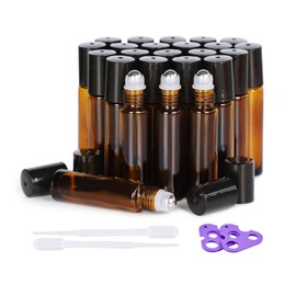Essential Oil Roller Bottles, 24 Pack Hoa Kinh 10ml Empty Glass Amber Roller Bottles UV Protection with Stainless Steel Balls
