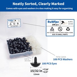 RuWfpz Safety Eyes for Crochet Animals Amigurumi 12 mm - Pack of 100 Doll Eyes Crochet Amigurumi Eyes for Cuddly Toys, Black Plastic Teddy Eyes Button Eyes for Sewing