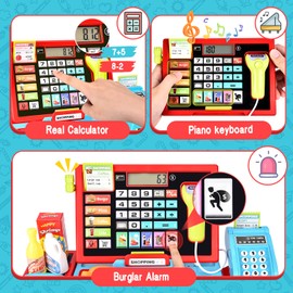 Joellfuner Electronic cash register toy for children, including accessories (scanner, calculator function, payment terminal, play money, etc.), supermarket cash register for a role play, play cash