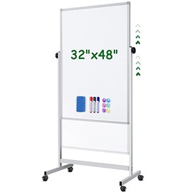 Mobile Whiteboard 32 x 48 inches Height Adjustable Dry Erase White Board, Standing Easel Whiteboard on Wheels, Double-Sided Magnetic Whiteboard with Stand for Office, Home & Classroom