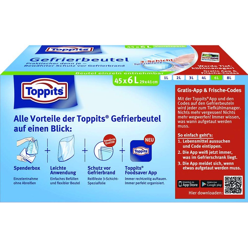 Toppits Freezer Bags Storage Pack, 6 Litres, 45 Pieces, Stand,