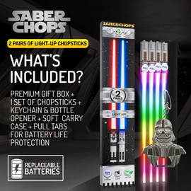 Saber Chops Lightsaber Chopsticks Light Up Star Wars LED Reusable 9 Colors 2 PAIRS FREE Darth Vader Keychain Bottle Opener