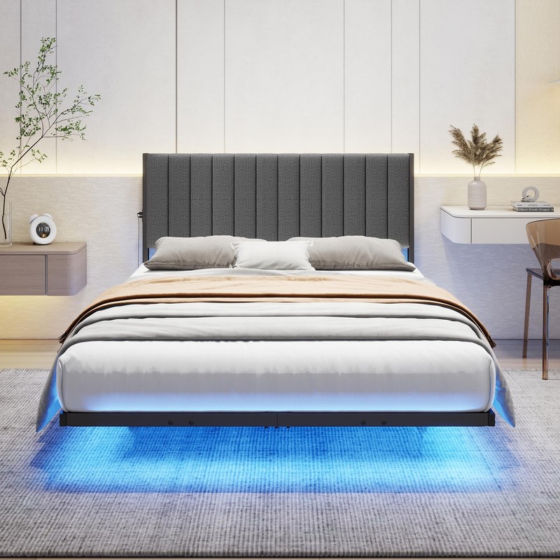 ARFARLY Floating Double Bed Frame with LED Lights and Charging