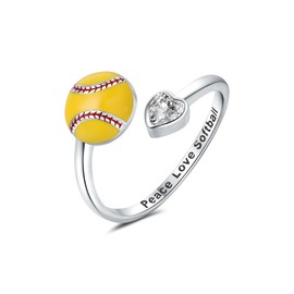 Vekoliry 925 Sterling Silver Volleyball Softball Basketball Ring Adjustable Jewelry Gifts for Players Lovers Women (Softball)
