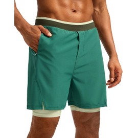 Pudolla - Pantalones cortos de correr 2 en 1 para hombre, de 7 pulgadas, ligeros, para entrenamiento, atléticos, para hombre, con bolsillos con cierre, Verde, XX-Large