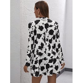 WDIRARA Women's Graphic Print Blazer Button Open Front Long Sleeve Jacket Black Cow XL