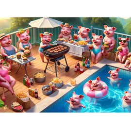 Pig Out BBQ Jigsaw Puzzle for Adults Funny Pig Pool Party Barbecue Scene Made in USA 252, 500 & 1000 Piece Jigsaw Puzzle for Ages 14+