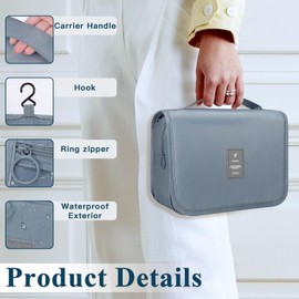 Zivacate Hanging Toiletry Bag, Waterproof Cosmetic Bag, Toiletry Bag with Handle, Foldable Portable Wash Bag with 3 Drawstring Organiser Bag for Travel, Business, Fitness, Camping - Grey