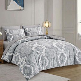 WONGS BEDDING Grey Comforter Set Queen Size, Damask Texture 7 Pieces Gray Bed in a Bag Microfiber Boho Comforter Bedding Sheet Set with Comforter, Flat Sheet, Fitted Sheet,Pillow Shams,Pillowcases