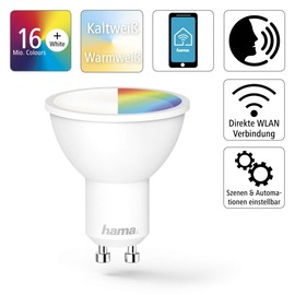 Hama WLAN LED Lamp GU10 (Smart Home Lamp 5.5 Watt Reflector Lamp, Dimmable, Multicoloured RGBW, WiFi LED Lamp with Voice Control and App, Compatible with Alexa, Google, Siri, Apple, No Hub Required)