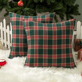 AQOTHES Pack of 2 Christmas Plaid Decorative Throw Pillow Covers Scottish Tartan Cushion Case for Farmhouse Home Holiday Decor Red and Green, 20 x 20 Inches