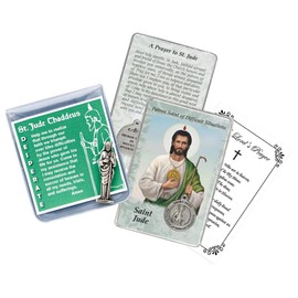 St Jude Prayer Card - Mini San Judas Statue, The Lord's Prayer - Holy Card with Affixed Medal - Patron Saint of Hope and Impossible Causes Catholic Themed Set, 3 Items