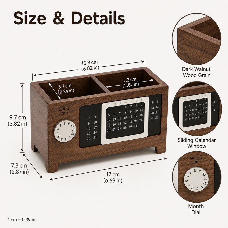 Wooden Desk Organizer with Calendar for Pens & Remotes -