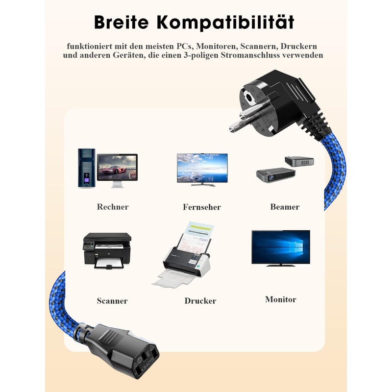 IEC Cable, 3 Pin, Goalfish 2.0 m Nylon Braid, Universal