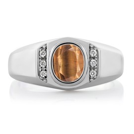 Gem Stone King 1.31 Ct Oval Brown Tiger Eye White Created Sapphire 925 Sterling Silver Dad Father's Day Gift Men's Ring (Size 9)