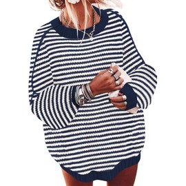 ETCYY Women's Oversized Sweaters Fall 2025 Fashion Winter Clothes Batwing Long Sleeve Knit Sweater Pullover Jumper Tops,Stripe Navy,Medium