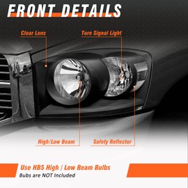AXLAHA for 2006-2008 Ram Headlights Assembly compatible with 2006 2007 2008 Ram 1500/2006 2007 2008 2009 Ram 2500 3500 Black Housing Clear Reflector Replacement Driver and Passenger Side