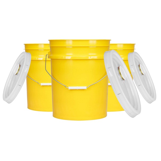 House Naturals 5 Gal Yellow Plastic Buckets Food Grade BPA Free Premium 90 mil pails with Gasket Lids - Pack of 3 - Made in USA