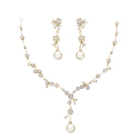 EVER FAITH Pearl Jewellery Set Wedding Round Cubic Zirconia White Simulated Pearl Floral Cluster Necklace Earrings Set White Silver Tone, Cubic Zirconia, Cubic Zirconia
