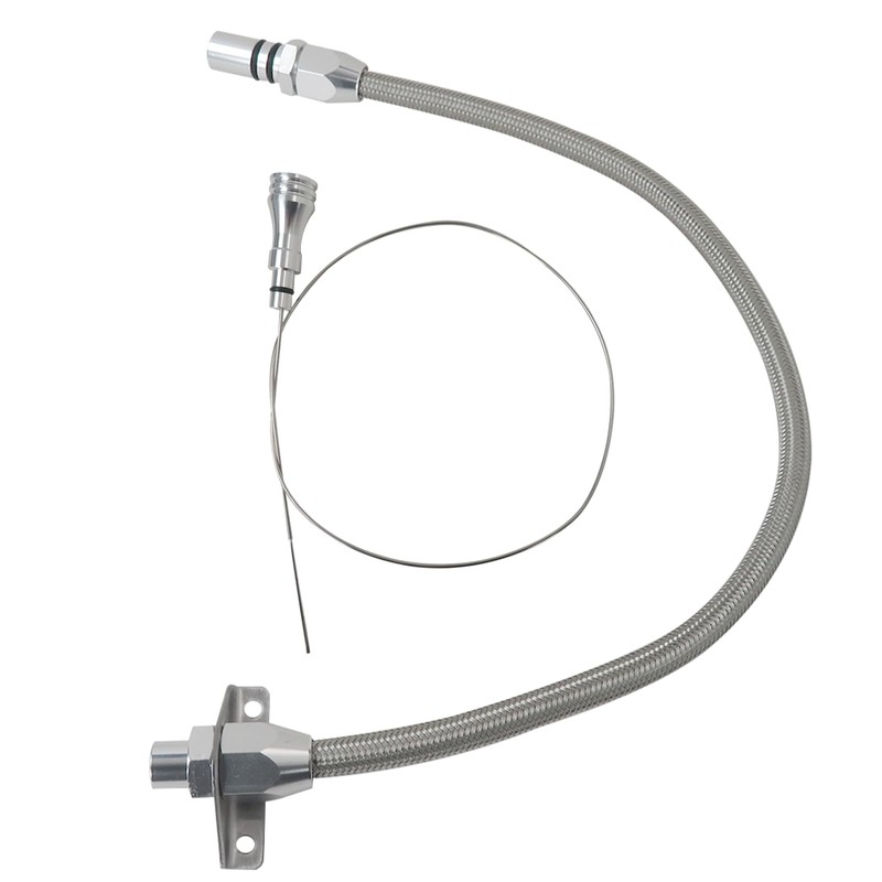 HaeKap Silver Firewall Mounted Flex Transmission Dipstick-Stainless Braided Hose Replacement