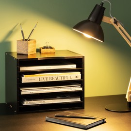 Navaris Bamboo Desk File Organizer - Paper Tray Letter Storage with 4 Adjustable Shelves - Desktop Inbox Trays - 13" x 9.6" x 10.2" - Black