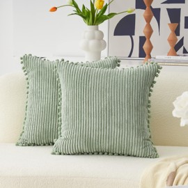 Home Brilliant Cushion Covers Green, Sage Green Cushion Covers 60cm x 60cm, Cute Large Corduroy Cushion Cover with Pom Poms, 24 Inch, 2 Pcs, Sage Green