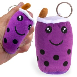 MIJOMA Plush Pendant Fast Food Design Metal Key Ring 10 cm Kawaii Faces 100% Polyester Soft Padded, Bubble Tea