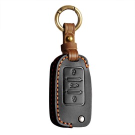 Genuine Leather Car Key Case Compatible with VW Volkswagen Tiguan Passat Golf 4 5 6 Polo Beetle Jetta Touran Eos Scirocco 3 buttons Car Key Protective with Keychain