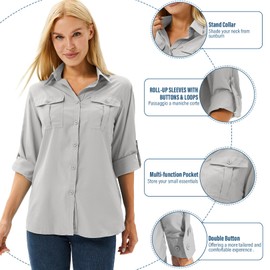 Women's UPF 50 Long Sleeve UV Sun Protection Safari Shirts Outdoor Quick Dry Fishing Travel Hiking Shirts #5070-Grey-M