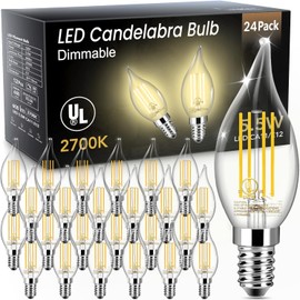 TJOY LED Candelabra Bulb Dimmable, 60W Equivalent LED Chandelier Light Bulbs, 5.5W 2700K Warm White 600LM CA11 Flame Tip Vintage Filament Candle Light with Decorative E12 Candelabra Base, 24 Pack