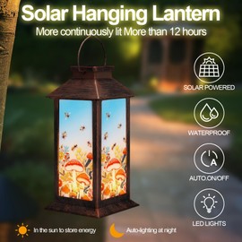 Outdoor Hanging Solar Lantern Waterproof Outside Bees Mushrooms Pattern Landscape Lights for Porch Garden Yard Patio Pathway Decor Birthday Gifts for Women Mom Grandma