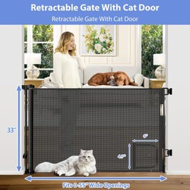 Retractable Baby Gates with Door 55" Wide Retractable Dog Gate with Pet Door Outdoor Retractable Gate for Dogs Mesh Baby Gate Retractable Pet Gate with Cat Door Retractable Child Gates for Doorways