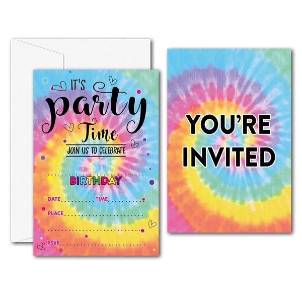 Disfuco Tie Dye Birthday Party Invitations - Tie Dye Party Supplies - Fill in The Blank Birthday Party Invites - 20 Invitation Cards With 20 Envelopes (007A)
