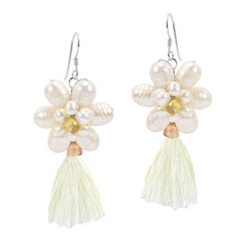 AeraVida Elegant Bridal Beach Wedding Earrings with Cultured Freshwater White Pearl Clusters and Tassel Bohemian .925 Sterling Silver Dangle Jewelry | Statement Boho Wedding Earrings for Women
