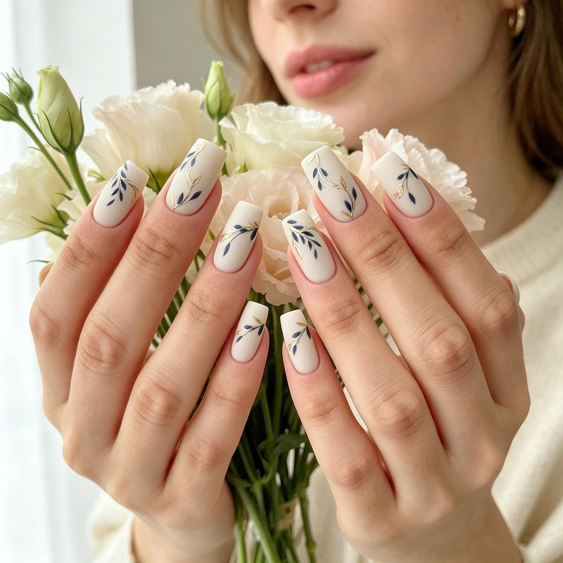 24 unghie finte a pressione con foglie dorate e blu,