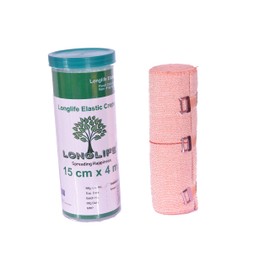 LONGLIFE Elastic Flesh Coloured Crepe Bandage with Non-Fraying Edges (4 m x 15 cm)