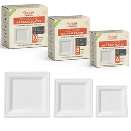 BOOBAM ECONATURAL PRODUCTS Square Disposable Plates - Plant-Based Bagasse Compostable Serving Plates for Party, Birthday, Wedding, Dessert - Microwavable Eco-Conscious Dinnerware - 10 inches (50-Pack)