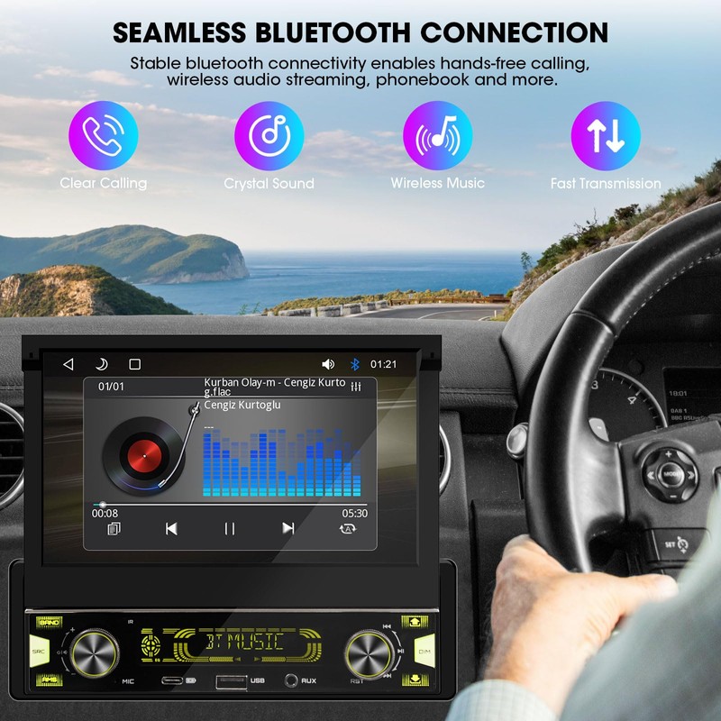 Single Din Wireless CarPlay Stereo: 7 Inch Motorized Flip Out