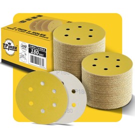 100PCS 150mm 180 Grit 6 inch 6 Hole Sanding Discs Sandpaper - Premium Gold Round Hook and Loop for Random Orbital Sander - Ideal for Wood, Metal, Automotive