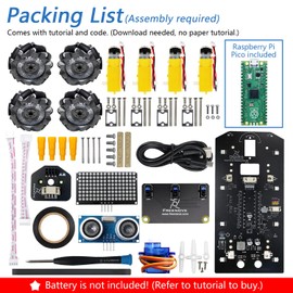 Freenove Mecanum Wheel Car Kit for Raspberry Pi Pico (Included) (Compatible with Arduino IDE), Dot Matrix Expressions, Obstacle Avoidance, Line Tracking, Light Tracing, Colourful Light